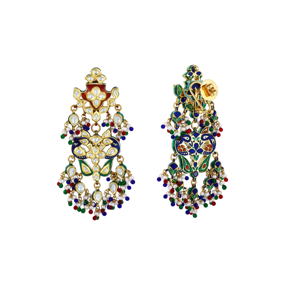 Polki Earrings with Multicoloured Enamel, Beads and Pearls